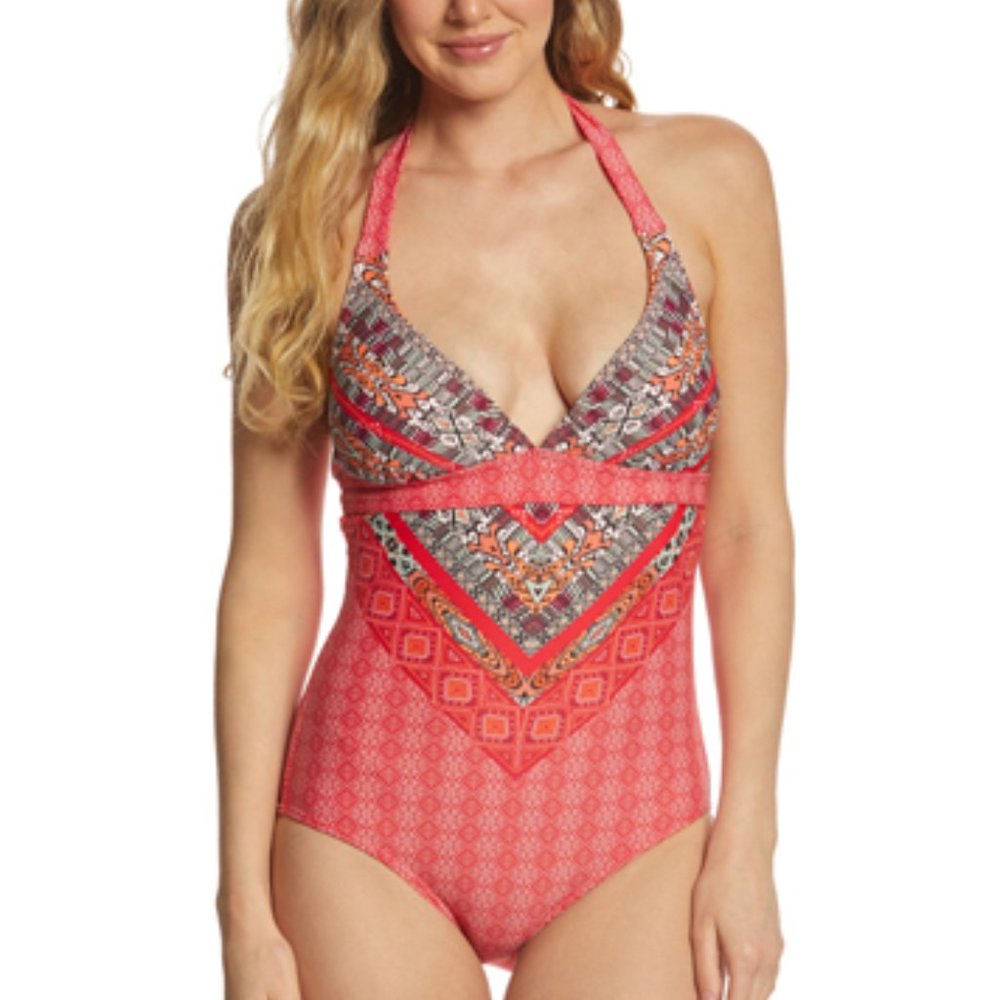 PRANA L NWT Marrakesh Carmine One Piece Swimsuit Halter Swim